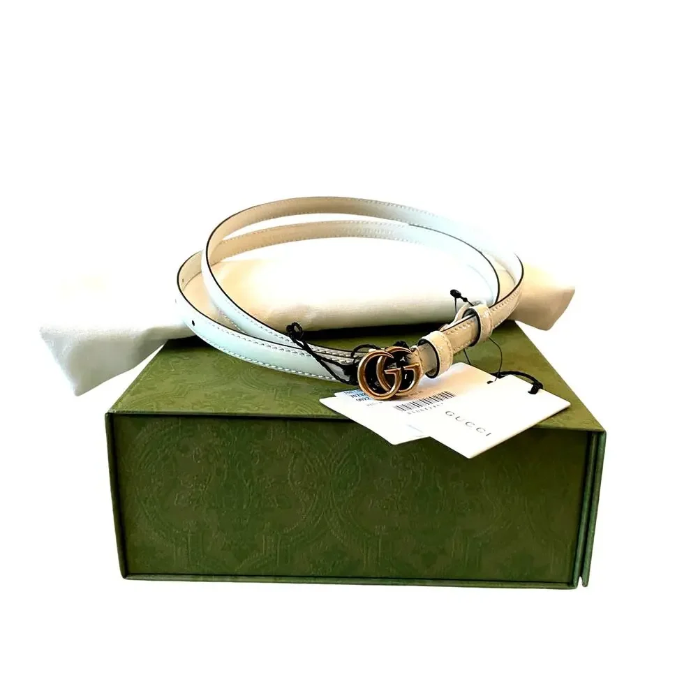 NEW GUCCI Cream Thin Patent Leather Marmont Double G Belt 707327